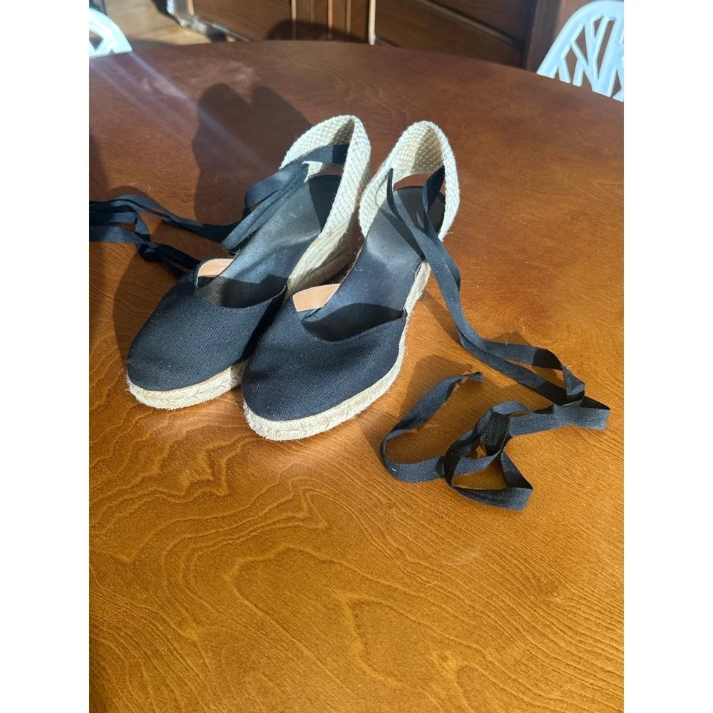 Black Canvas Espadrille Wedges Made in Spain Ankle Tie Sandals Size 38